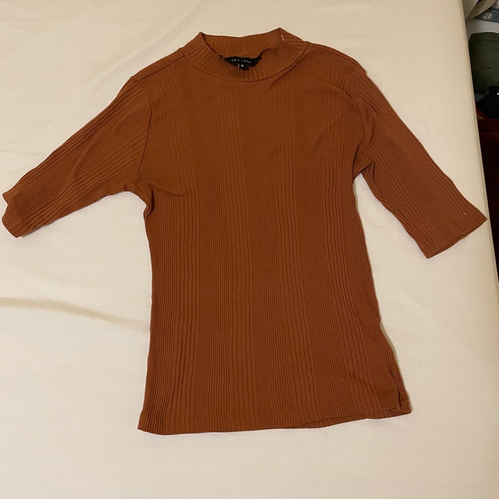 New Look Brown and Orange Ribbed Blouse with Mandarin Collar